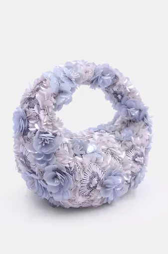 Embroidered white and blue floral sequins embellished clutch bag