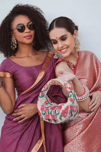 Embroidered multi color floral beads embellished clutch bag