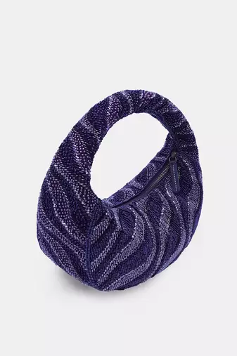 Embroidered plum beaded clutch bag with zip closure