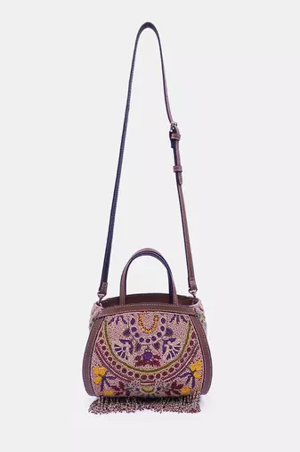 Purple clutch bag embellished with multi-floral beads