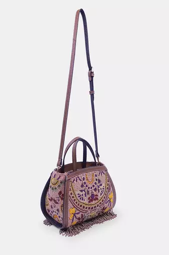 Purple clutch bag embellished with multi-floral beads