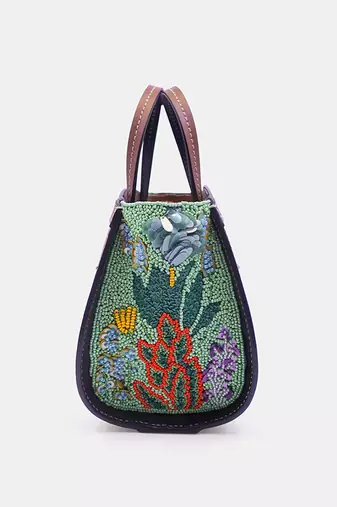 Green hand-embroidered clutch bag with bead embellished and a crossbody strap