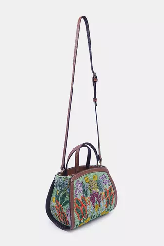 Green hand-embroidered clutch bag with bead embellished and a crossbody strap
