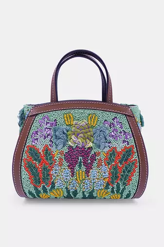 Green hand-embroidered clutch bag with bead embellished and a crossbody strap