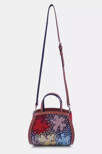 Multicolor sequin embellished denim clutch bag with crossbody strap