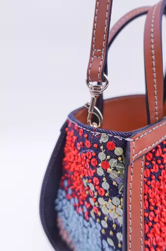 Multicolor sequin embellished denim clutch bag with crossbody strap