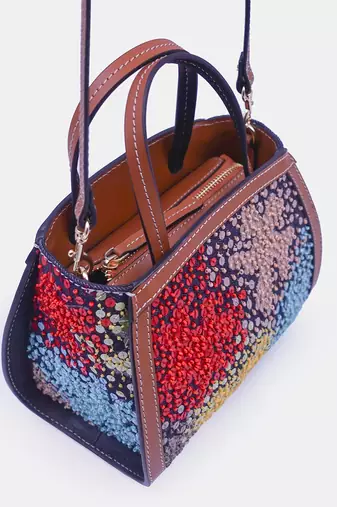 Multicolor sequin embellished denim clutch bag with crossbody strap