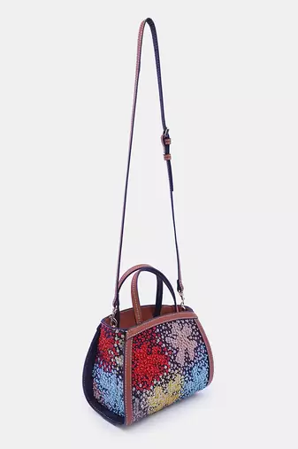 Multicolor sequin embellished denim clutch bag with crossbody strap