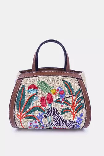 Multi color bead-embellished clutch bag with crossbody strap.