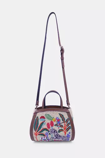 Multi color bead-embellished clutch bag with crossbody strap.