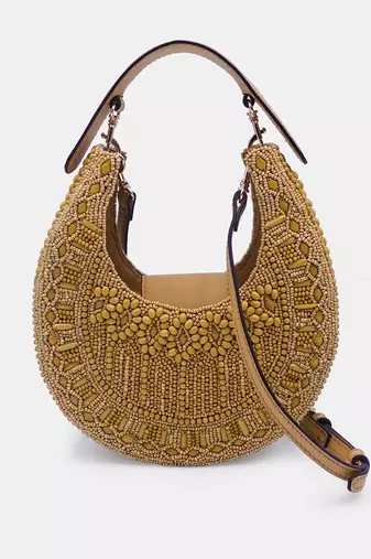 Yellow colored stone and glass bead embellished clutch bag