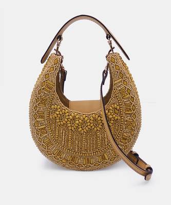 Yellow colored stone and glass bead embellished clutch bag 5