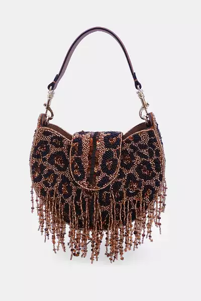 Leopard fringed clutch bag with beads and sling strap