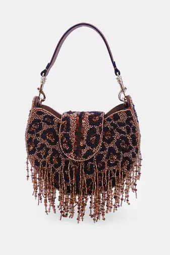Leopard fringed clutch bag with beads and sling strap