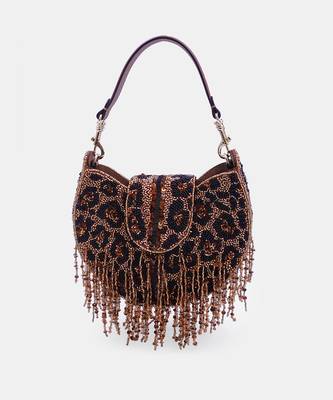 Leopard fringed clutch bag with beads and sling strap 3