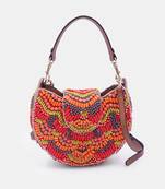 Orange beaded clutch bag with detachable leather crossbody strap