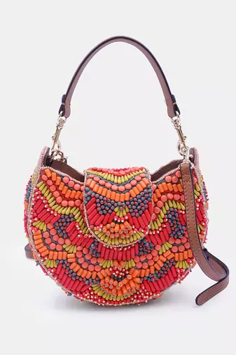 Orange beaded clutch bag with detachable leather crossbody strap