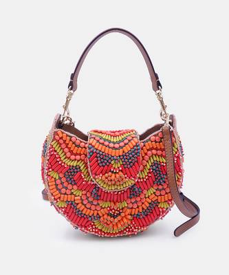 Orange beaded clutch bag with detachable leather crossbody strap 5