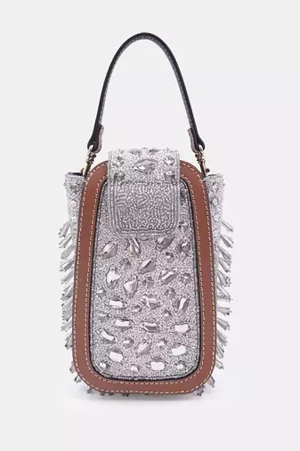 Silver clutch bag with detachable leather crossbody sling