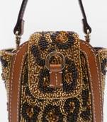 Leopard print hand embellished beaded clutch bag with crossbody sling