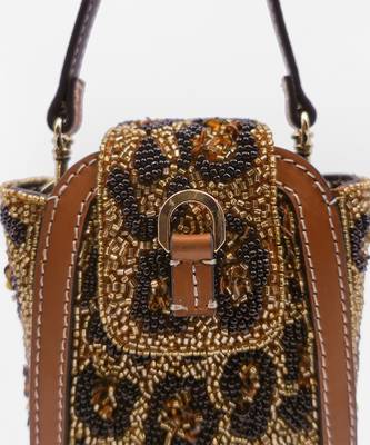 Leopard print hand embellished beaded clutch bag with crossbody sling 4