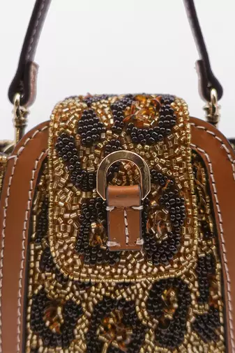 Leopard print hand embellished beaded clutch bag with crossbody sling