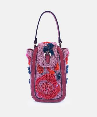 Pink & multicolor hand embroidered clutch bag with bead embellished and crossbody strap 1
