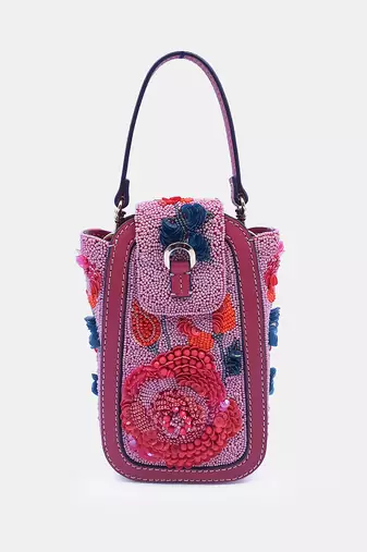 Pink & multicolor hand embroidered clutch bag with bead embellished and crossbody strap