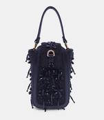 Hand-embroidered black clutch bag with bead embellished and crossbody strap