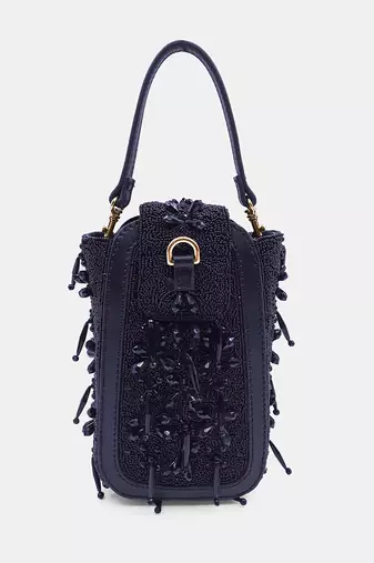 Hand-embroidered black clutch bag with bead embellished and crossbody strap
