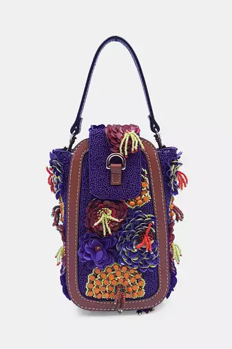 Purple embellished flower clutch bag with convertible crossbody sling