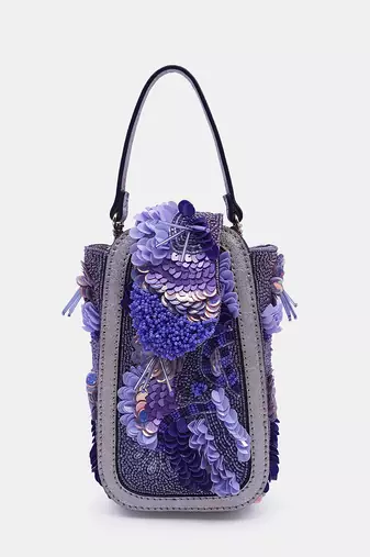 Purple beaded clutch bag with crossbody strap