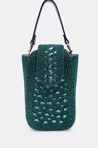 Green crystal embellished clutch with sling