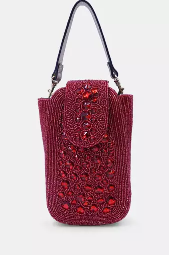Maroon crystal embellished clutch with sling