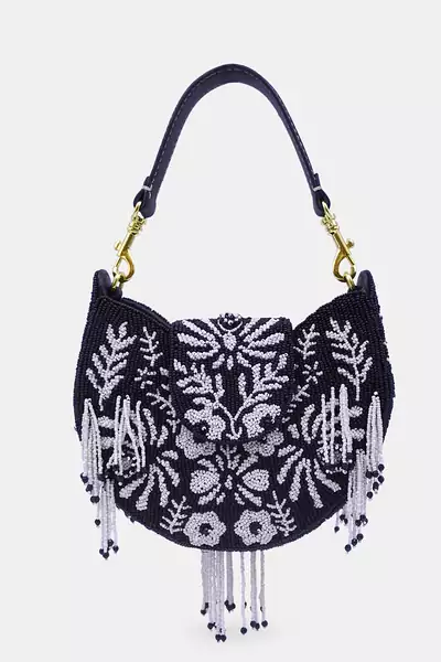 Black white beaded embellished hand clutch with crossbody