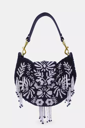 Black white beaded embellished hand clutch with crossbody