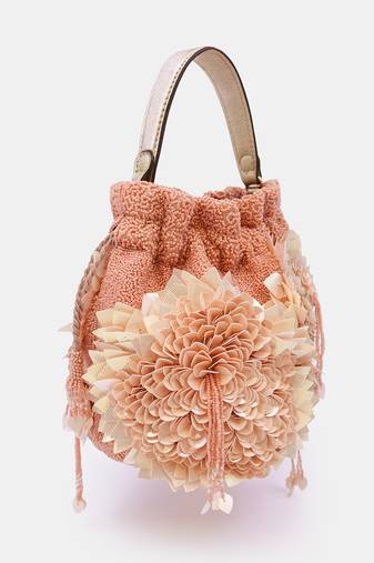 Hand embroidered peach potli bag with drawstring