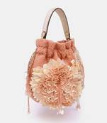 Hand embroidered peach potli bag with drawstring