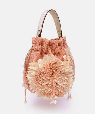 Hand embroidered peach potli bag with drawstring 4