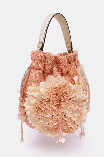 Hand embroidered peach potli bag with drawstring