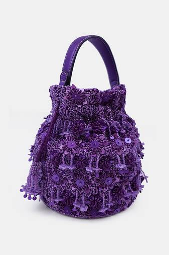 Hand embroidered purple potli bag with drawstring