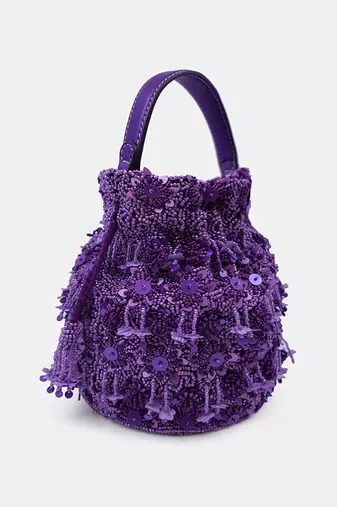 Hand embroidered purple potli bag with drawstring