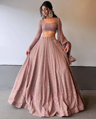 mauve Pink Georgette Lucknowi Embroidery Work Lehenga Choli  1