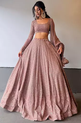 mauve Pink Georgette Lucknowi Embroidery Work Lehenga Choli 