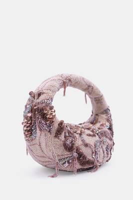 Beige and gold embellished beaded baguette bag with zip closer 5