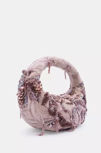Beige and gold embellished beaded baguette bag with zip closer