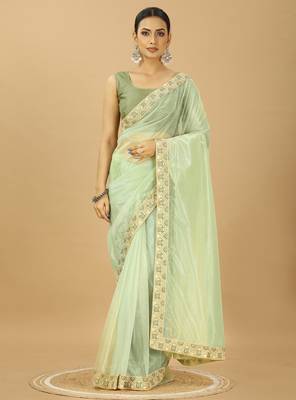light green Twill Net Saree With Embroidery Less and Blouse 1