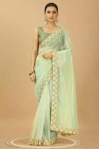 light green Twill Net Saree With Embroidery Less and Blouse
