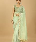 light green Twill Net Saree With Embroidery Less and Blouse