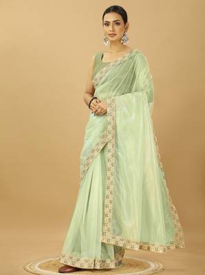 light green Twill Net Saree With Embroidery Less and Blouse 2